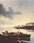 PYNACKER, Adam Barges on a River ag oil painting